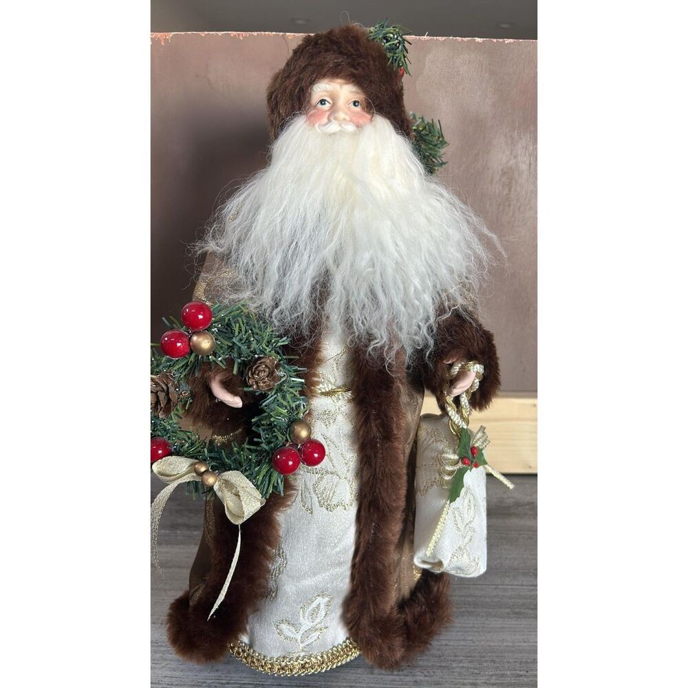 Santa Figure Brown Shimmer Coat with Wreath Christmas Decor